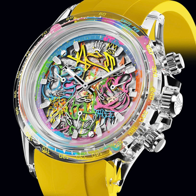 AET REMOULD 勞力士 地通拿 THREE 藍寶石水晶透明手錶 | WORLDTIMER