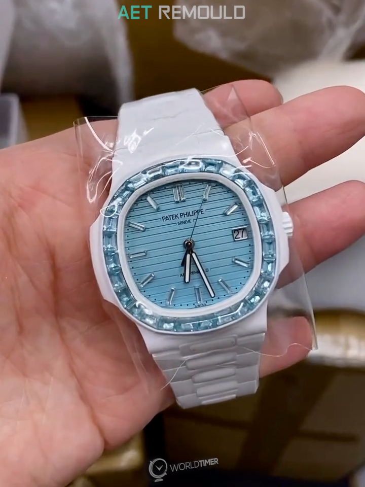 UNIQUE AET REMOULD Patek Philippe Baby Blue Sapphire Nautilus Diamond Watch 天藍色 百達翡麗鸚鵡螺 鑽石腕錶 | WORLDTIMER